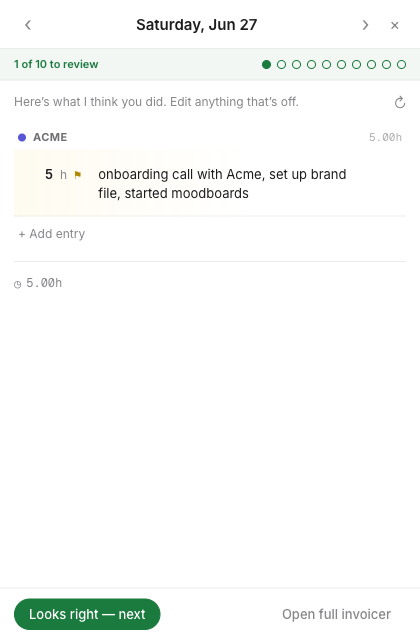 It drafts the line · 5h estimated and flagged because the note never said