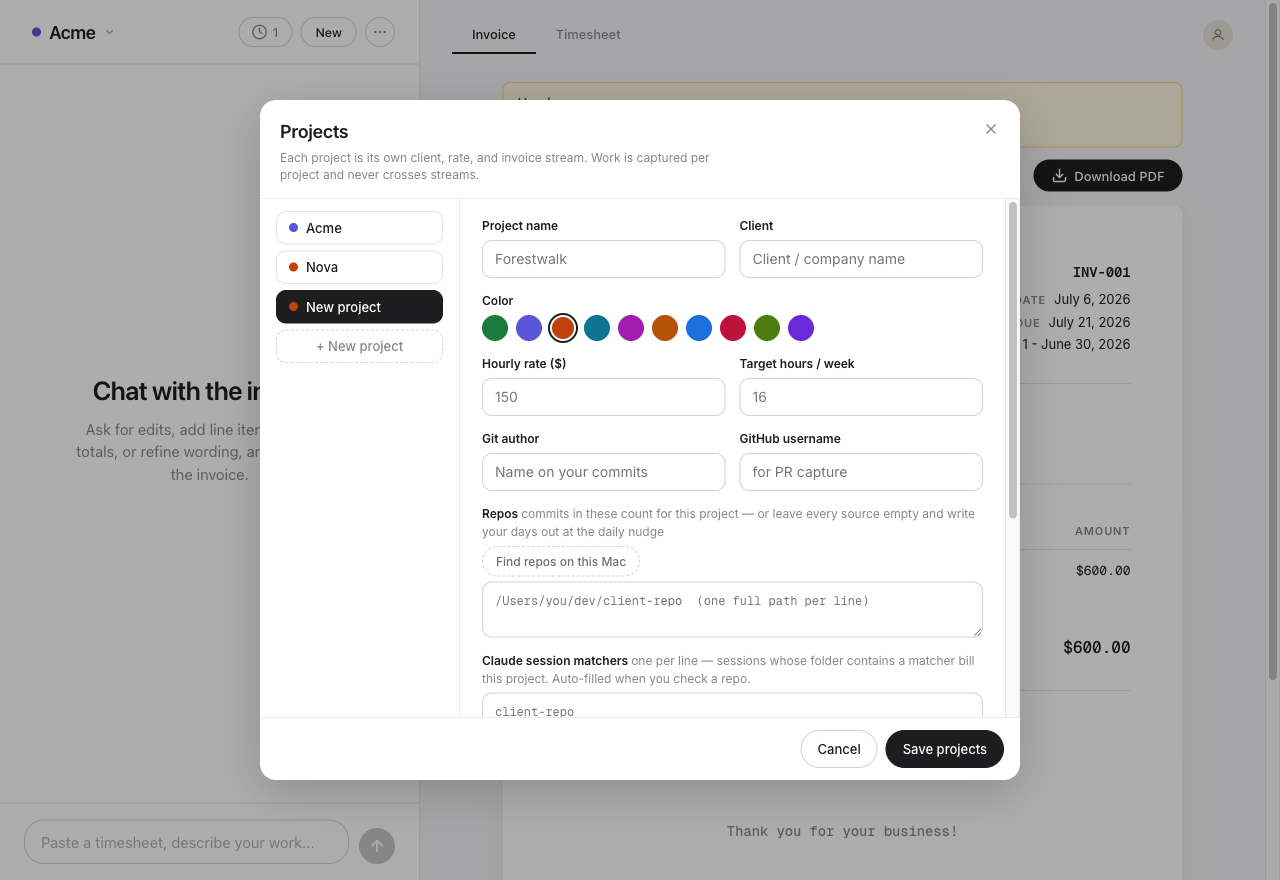 New client mid-flow · the + chip opens a blank create form, sources plainly optional