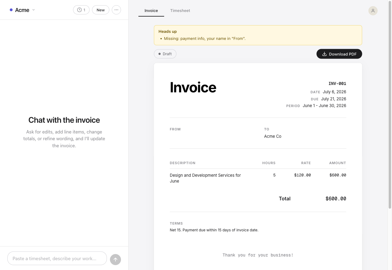 And the invoice already exists · INV-001 drafted from the confirmed day, honest about what is still missing